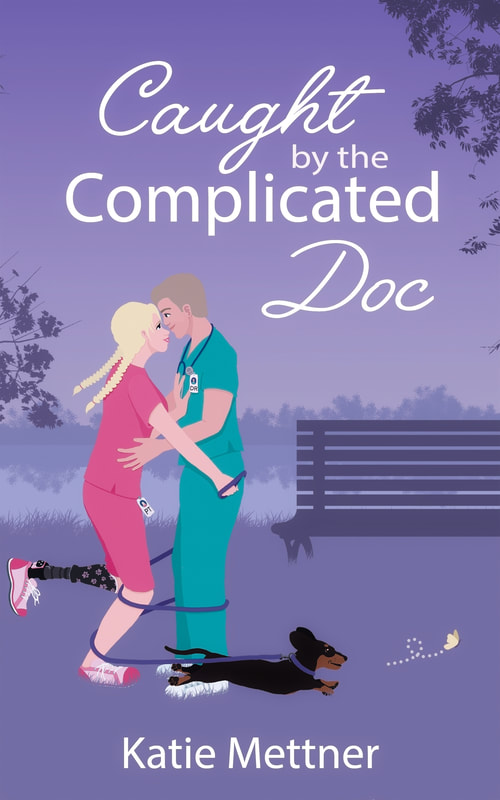 the cover for Caught by the Complicated Doc. There is an illustrated medical couple wearing scrubs. They are embracing while the woman's left leg is popped out and she is wearing a below-knee prosthesis. A small brown and tan dachshund is running around them tying them up with his leash