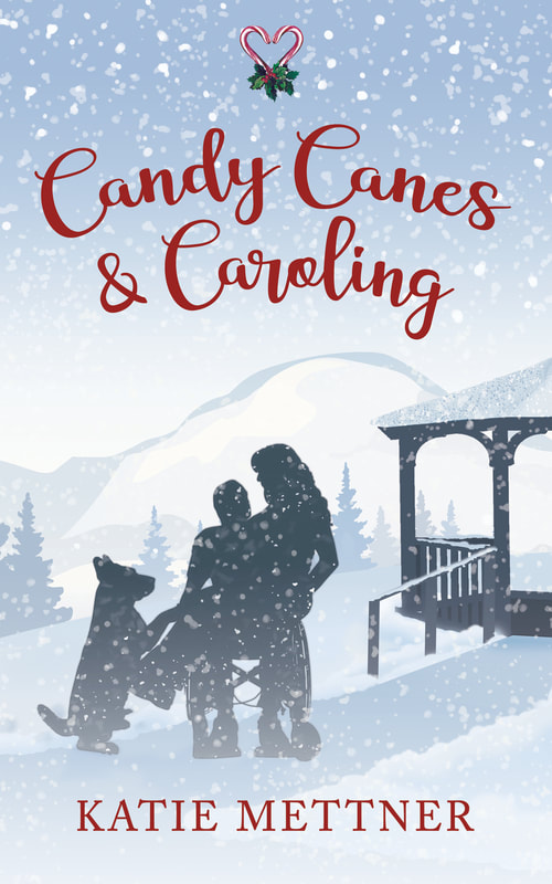 the cover for Candy Canes and Caroling by Katie Mettner. There is a gazebo in the background with a ramp and railing. There is a silhouette couple with the man in a wheelchair and the woman sitting on his lap. There is also a silhouette german shepherd next to them.