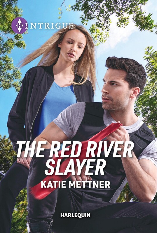 The cover of the red river slayer by Katie mettner and Harlequin Intrigue. There are two people on the cover. He is holding a red ribbon. She is standing behind him in the sun.