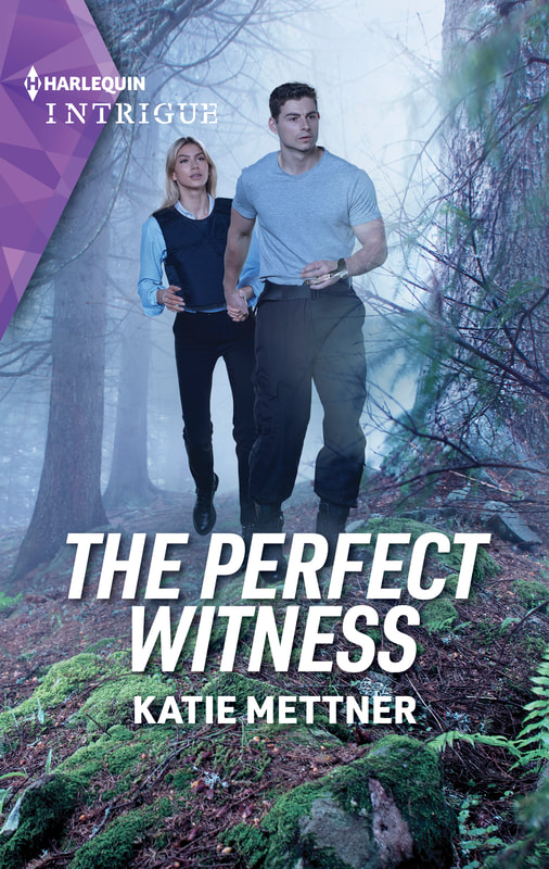 The Perfect Witness by Katie Mettner published by Harlequin Intrigue. There is a man and a woman on the cover running through the woods