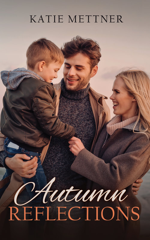 The background is a lake with a couple standing in front of it. The man is holding a small boy. They are all wearing winter coats. It says, "Autumn Reflections, Katie Mettner"