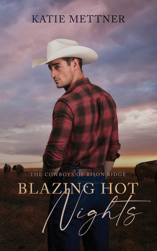 The cover Blazing Hot Nights by Katie Mettner. The sky is cloudy and the ground is pasture with bison grazing. In the forefront of the image is a cowboy wearing a white Stetson hat. He is wearing a red and black plaid flannel shirt and wrangler jeans with a brown belt.