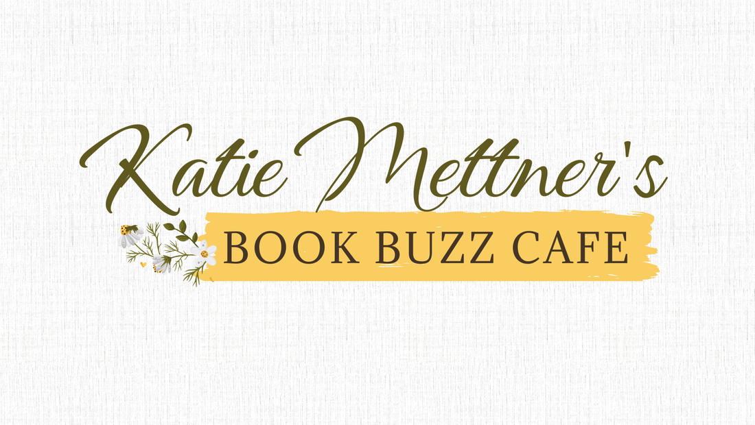 The background is cream and at the top in yellow it says Book Buzz Cafe. Below the title is a beehive that is yellow with a heart shaped opening. The hive is hanging from a branch and there are leaves and flowers that jut out from the branches.