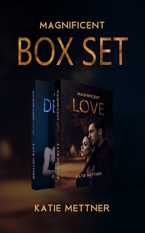 The background is black with a gold hue in the center. There are two paperback books in the center for Magnificent Love and Magnificent Destiny. It says, "Magnificent Series Box Set, Katie Mettner"