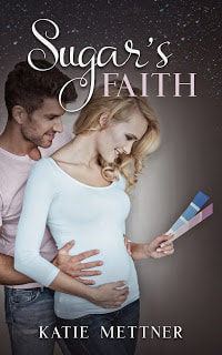 A couple is standing beside a white wall. The man is standing behind the woman who is wearing a white t-shirt and has long blonde hair. She is holding paint samples. One is blue and one is pink. It says, "Sugar's Faith, Katie Mettner"